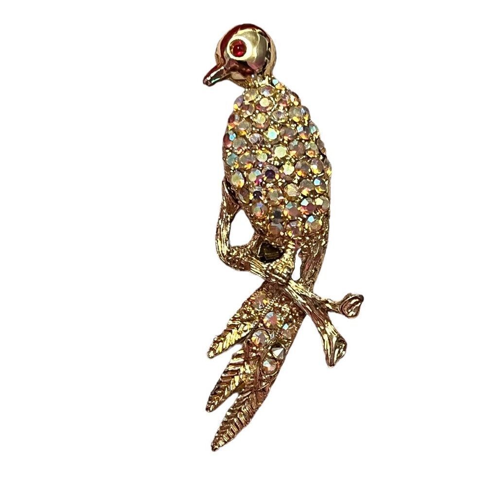 Blingy Rhinestone Gold Tone Parrot Brooch